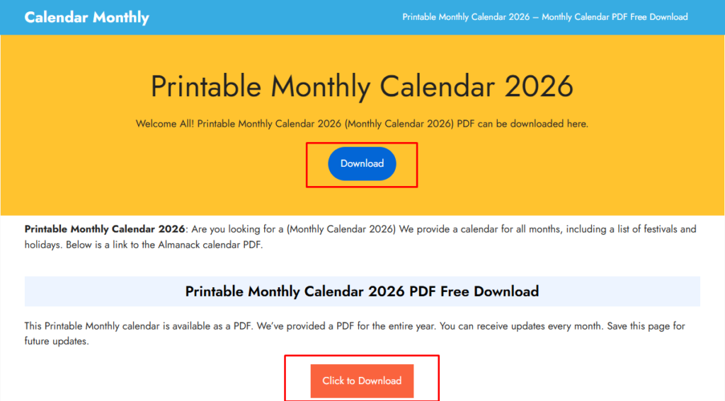 Printable Monthly Calendar 2026